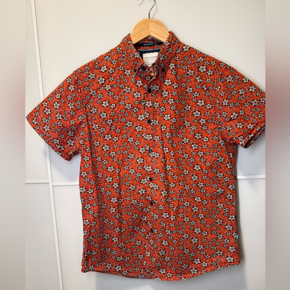 Denim & Flower Cotton Orange Floral Short-Sleeve Button-Down Shirt